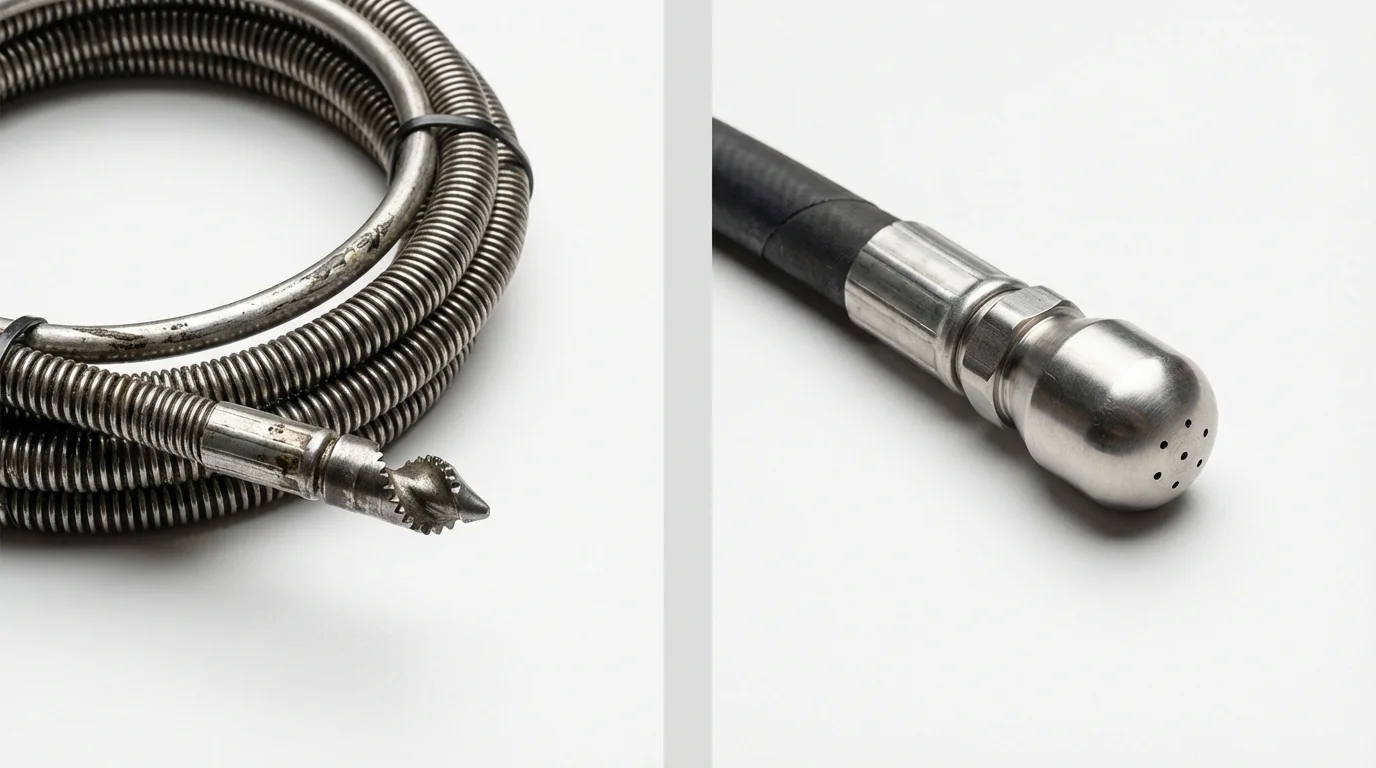 Drain snake cable and hydro jetting nozzle used for drain cleaning in Newton, NH