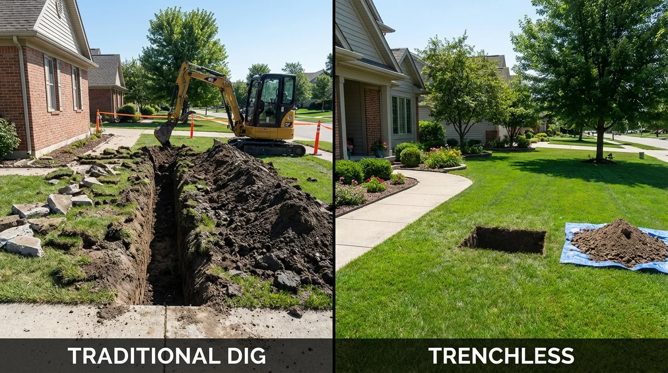 Trenchless sewer repair with minimal yard damage versus traditional excavation in Newton, NH